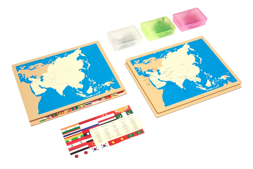 Montessori Materials: Four Maps of Asia w/o Cabinet (Country, Capital, Flag, & Push Pin) Questions & Answers