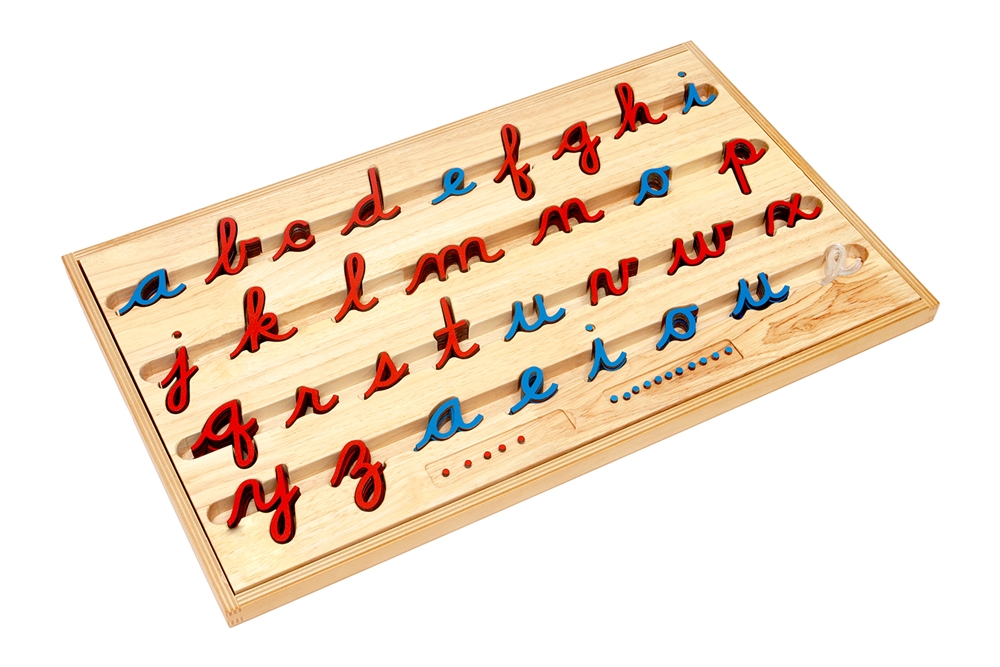Montessori Materials: Small Movable Alphabets: Lowercase Cursive - Blue with red vowels (Configured Box) Questions & Answers